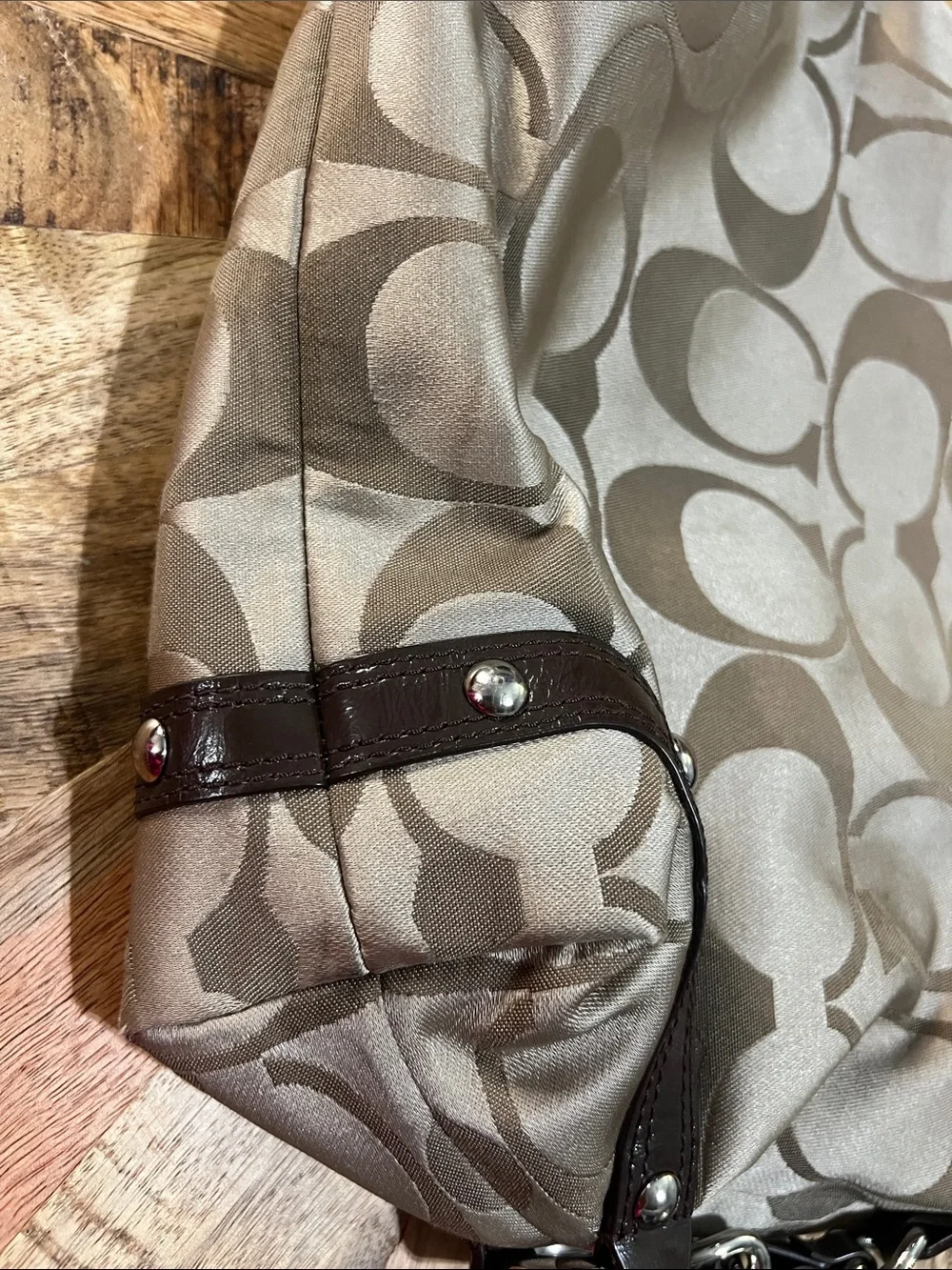 Vintage Coach Carly Signature Jacquard Hobo in Taupe and Dark Brown Leather